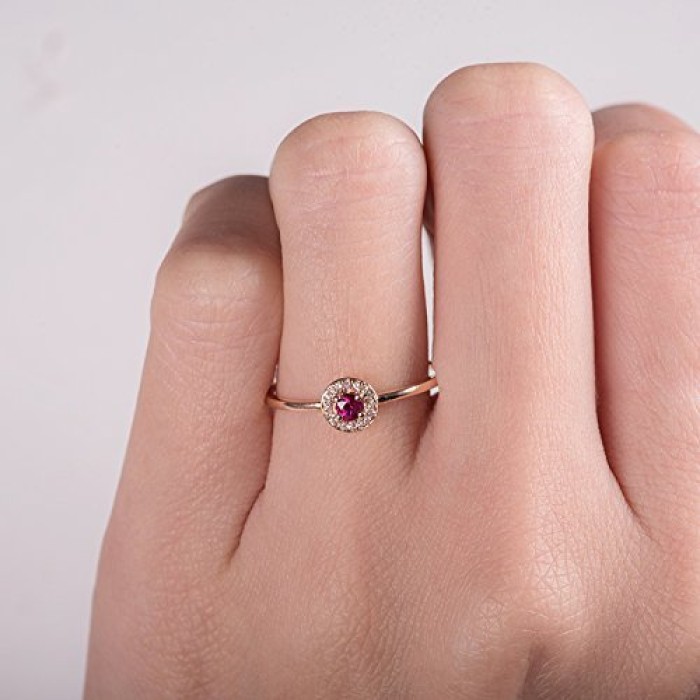Halo Shape Ruby Ring,14 kt Rose Gold Ring,Diamond Ring,Diamond Band Ring,Ruby and Diamond Ring